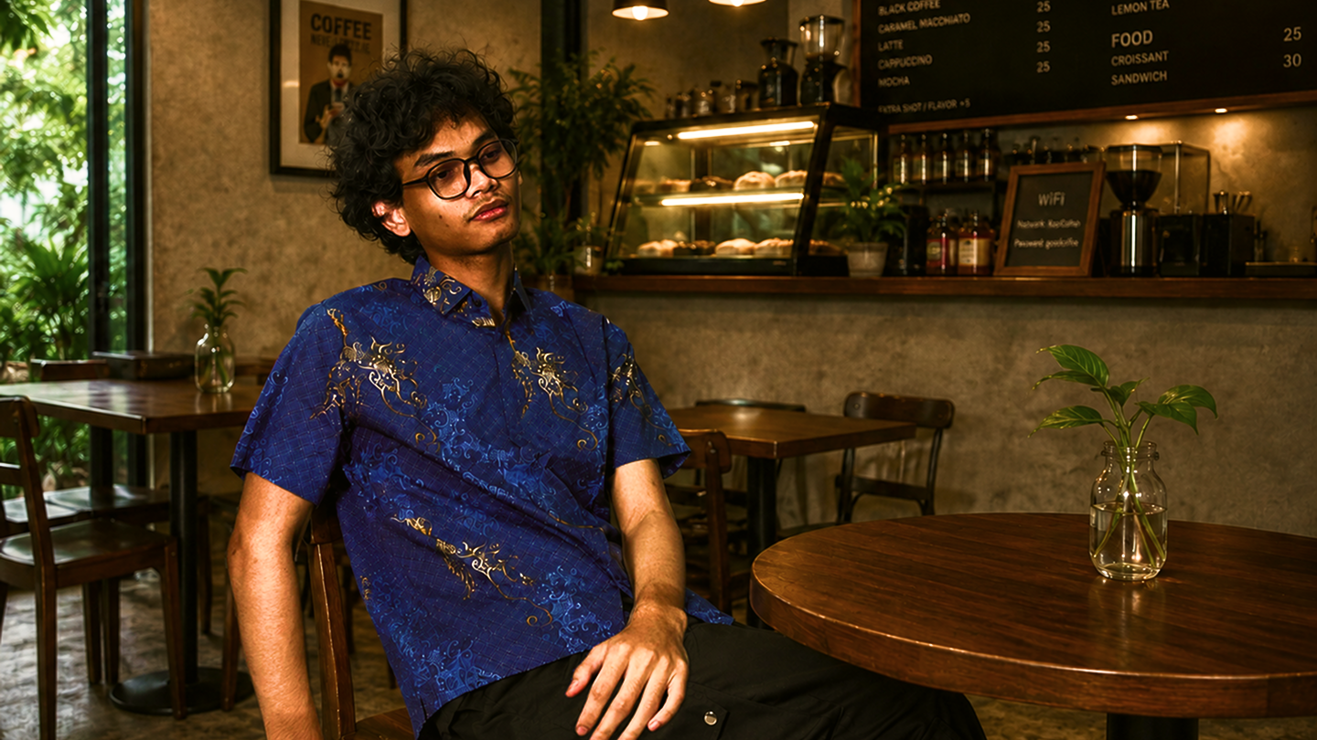 Model mengenakan kemeja batik Santoso navy di sebuah kedai kopi